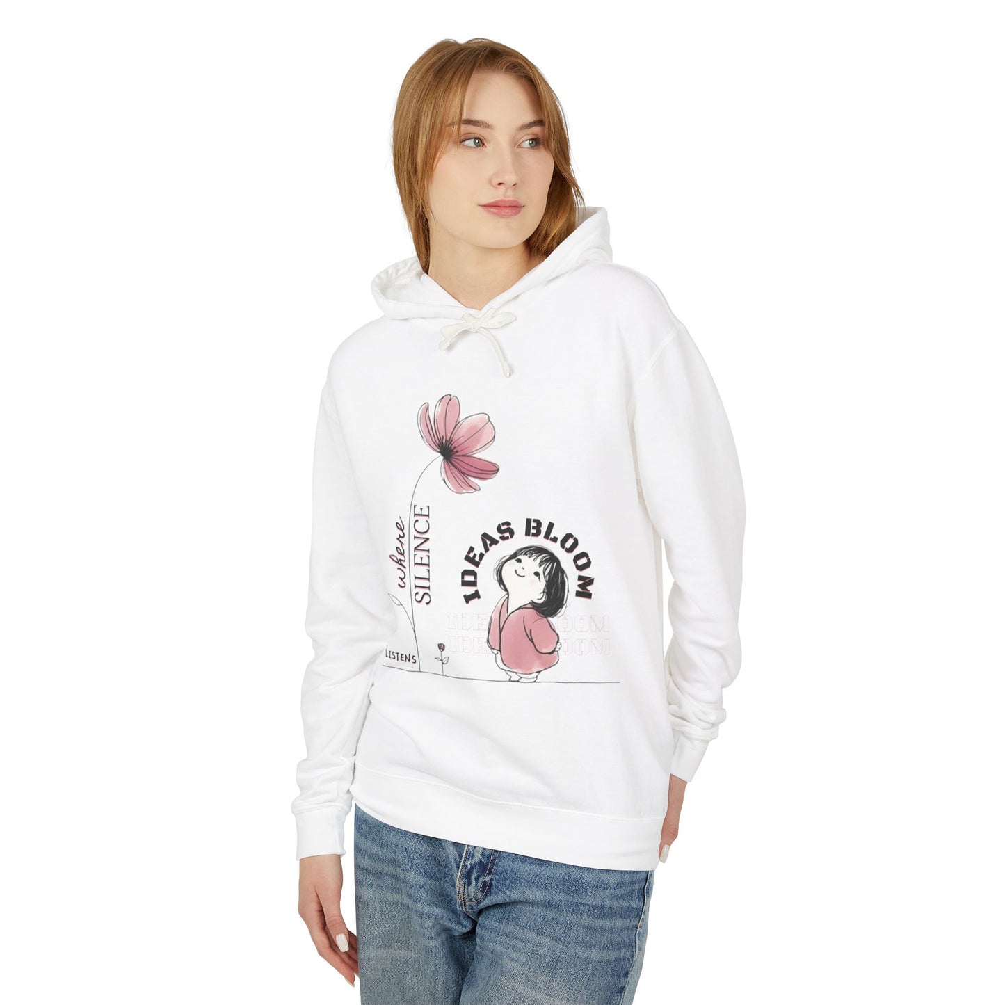 “Where Silence Listens, Ideas Bloom” Unisex Lightweight Hooded Sweatshirt - Junhae Studio